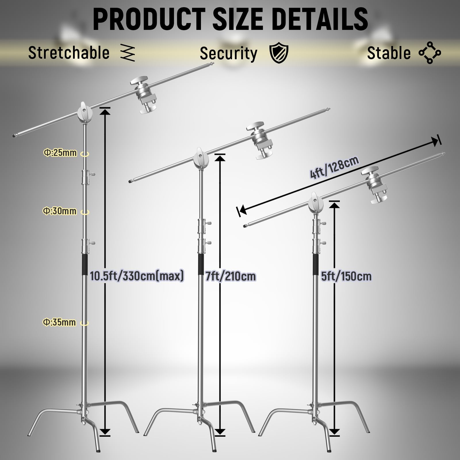8.8ft Silver C Stand Light Stand Stainless Metal Photography Kit