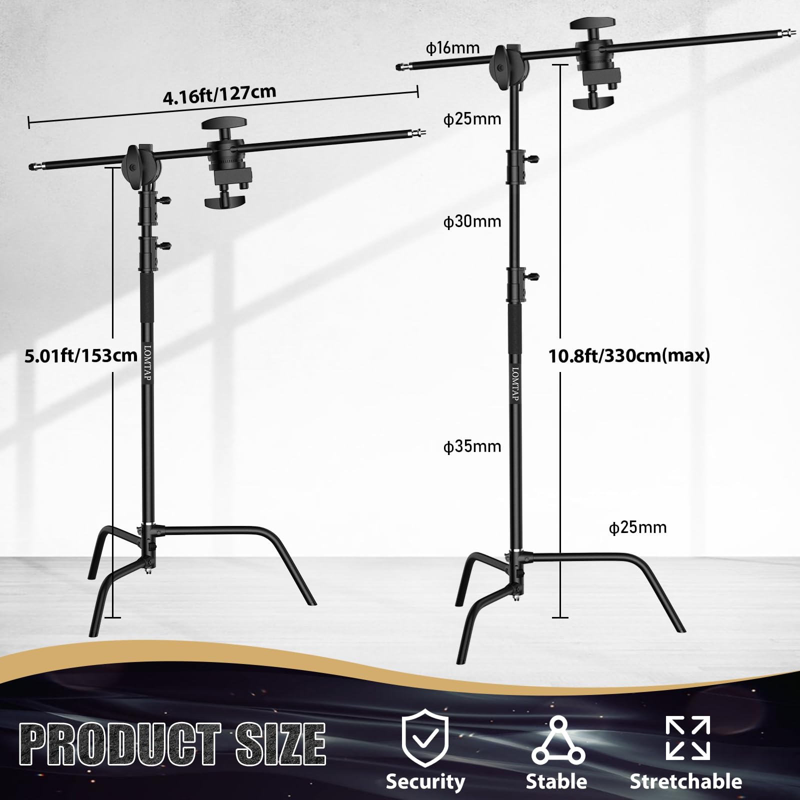 10.8ft Black C Stand Light Stand Stainless Metal Photography Kit