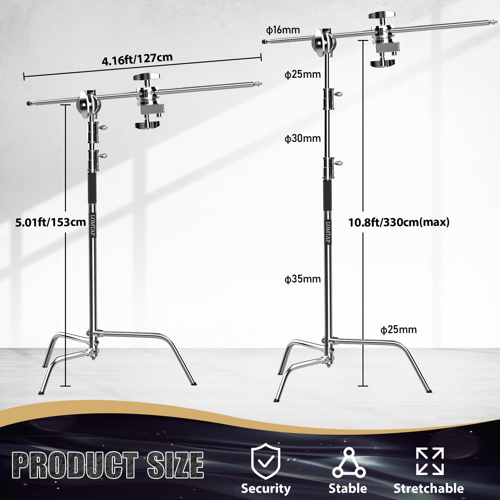 10.8ft Silver C Stand Light Stand Stainless Metal Photography Kit