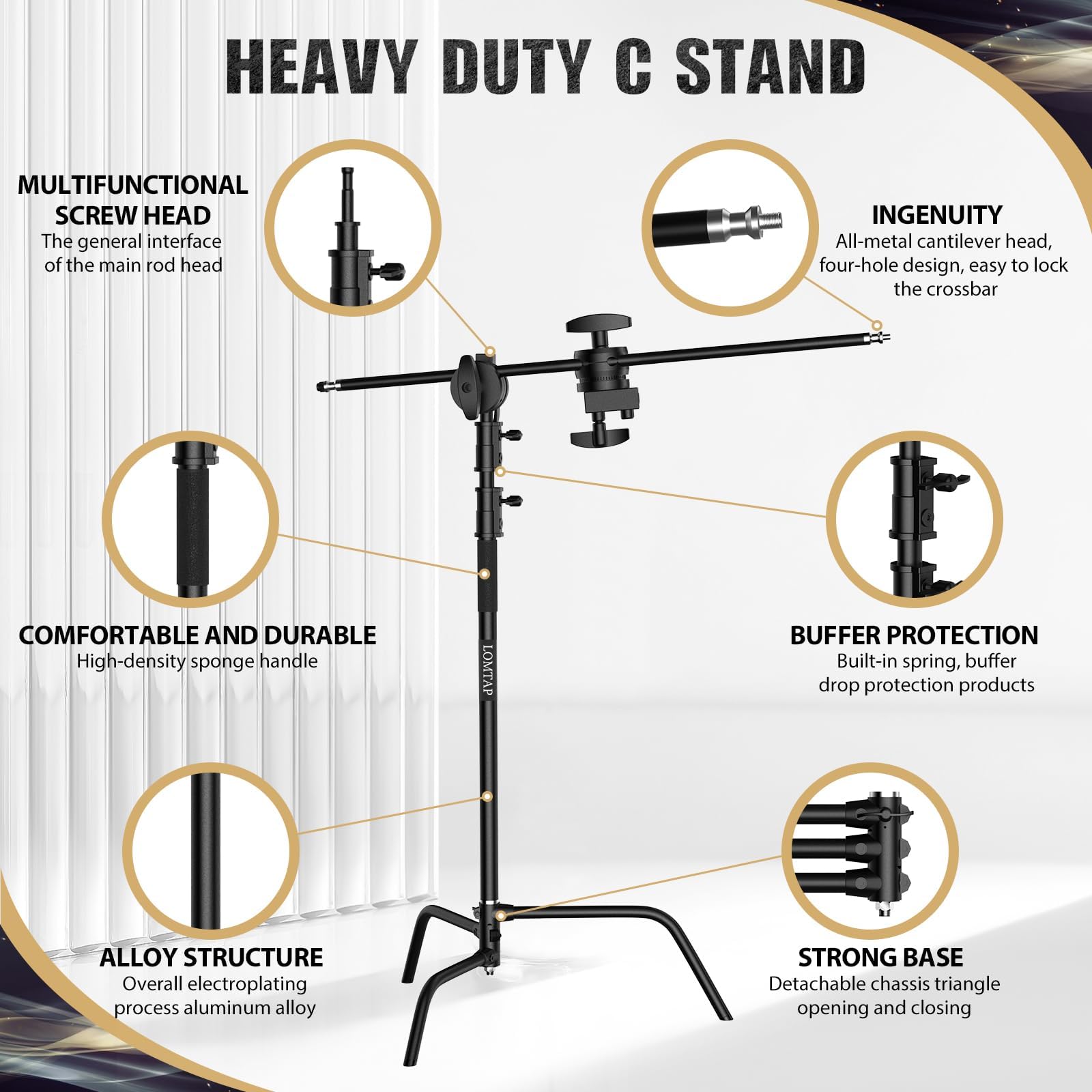 6.8ft Black C Stand Light Stand Stainless Metal Photography Kit